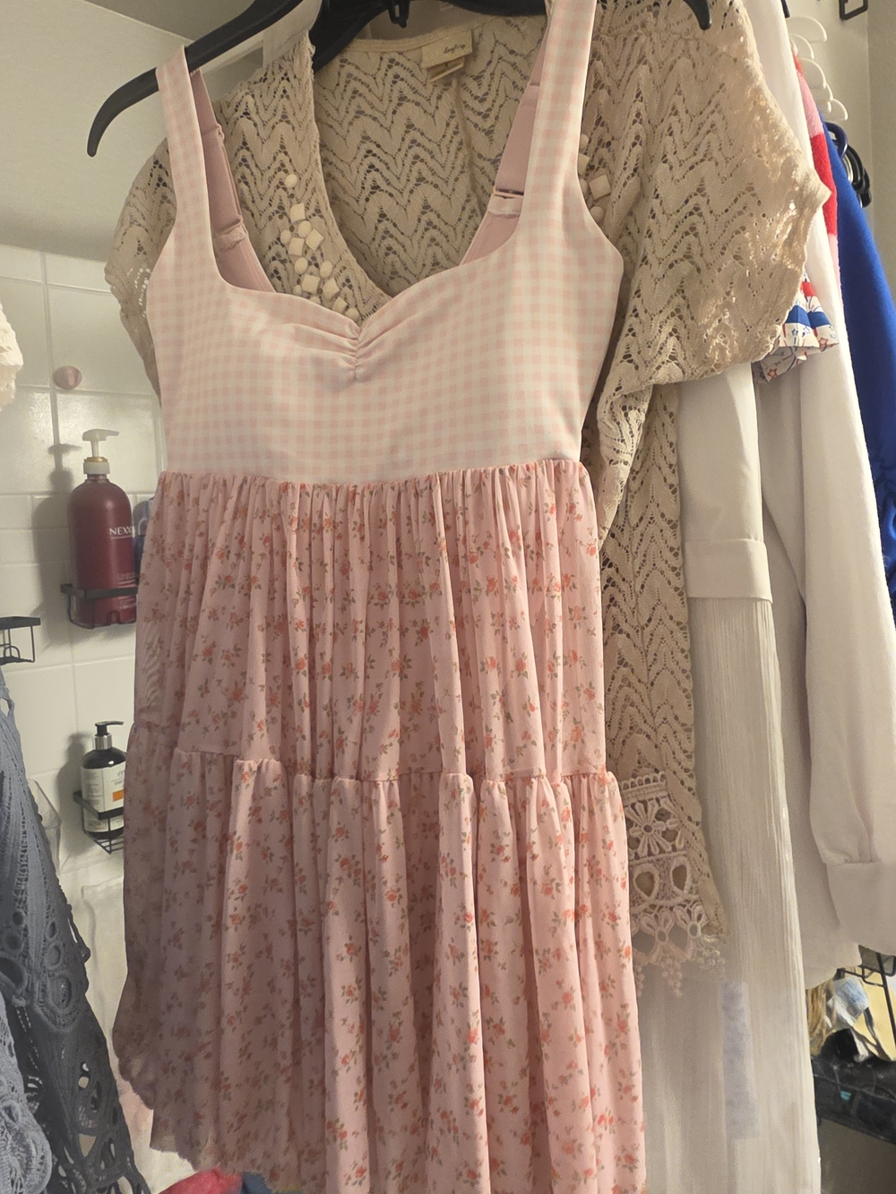 Girls Pink Gingham & Floral Tiered Sundress